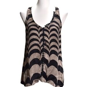 Jaloux Silk Scallop Print Casual Spring Racerback Tank Top Cami Black Tan Medium